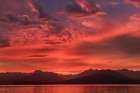 USA, Washington State, Seabeck. Vivid sunset over Hood Canal and Olympic Mountains. Art Print